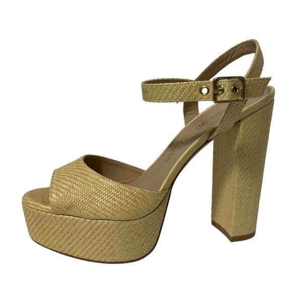 Stuart Weitzman Ryder 95 Platform Sandal Wheat Tan Textured Rafia Size 8.5 New - Picture 2 of 15